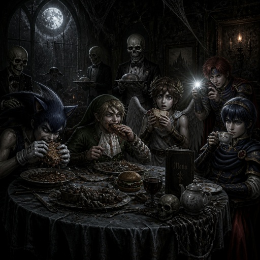Super smash brothers link from legend of Zelda, pit from kid Icarus, and sonic the hedgehog as a human, Marth from fire emblem, Roy from fire emblem, in a restaurant Sonic eating really fast, link eating like a slob and pit just holding his sandwich being weirded out, Roy taking a picture of everyone, and Marth holding tea looking annoyed