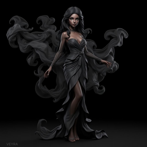 Create character hero Veyra of Shadows – A lithe, mysterious black woman draped in layered black silks that move like smoke around her. With jet-black hair. Show her whole body head to toe including her shoes.