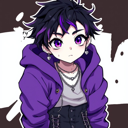 Create a teenage emo anime guy who has pale skin and his attire is purple.