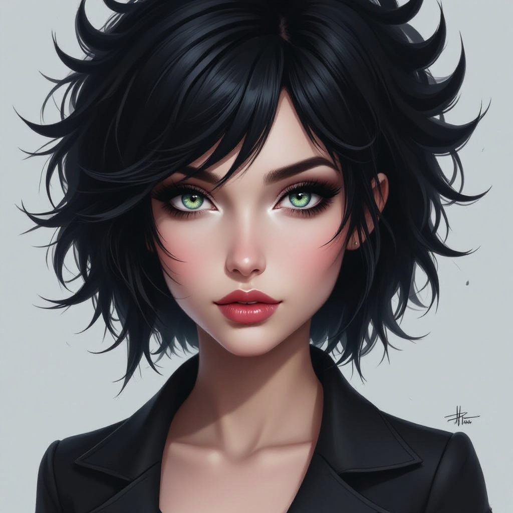 Show character head to toe. Create hero woman jet-black hair is cut sharpand her eyes seem to pierce through darkness. A shadowy aura clings to her form,