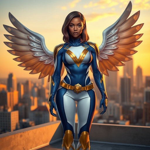A young African American female superhero with shoulder length hair in a side part style wearing a blue and white suit made of spandex like material that’s slightly armored with gold accents with white pants and gold boots with a stylized V as her chest emblem with water wings standing on a roof in a Philadelphia at dawn