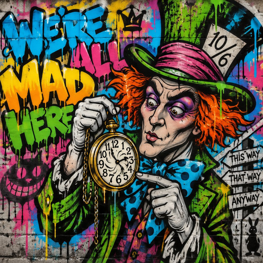 The mad hatter is checking his pocket watch that is going crazy