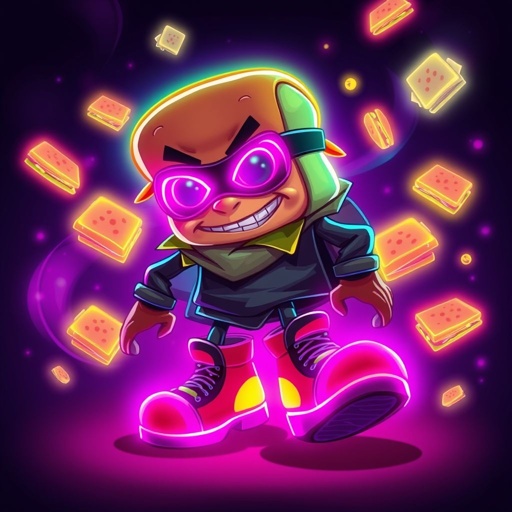 Create a funny looking clumsy sandwhich thief with funny shoes on. Make him have on the bandit black thing around his eyes 
