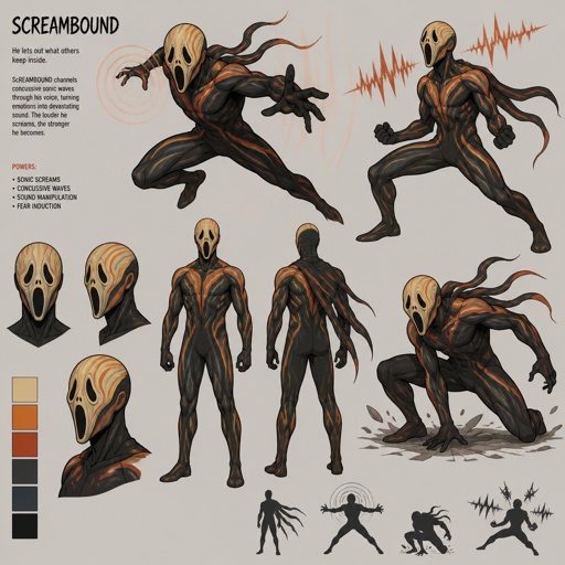 Male superhero with scream powers, mask looks like the scream painting, multiple of the same character 