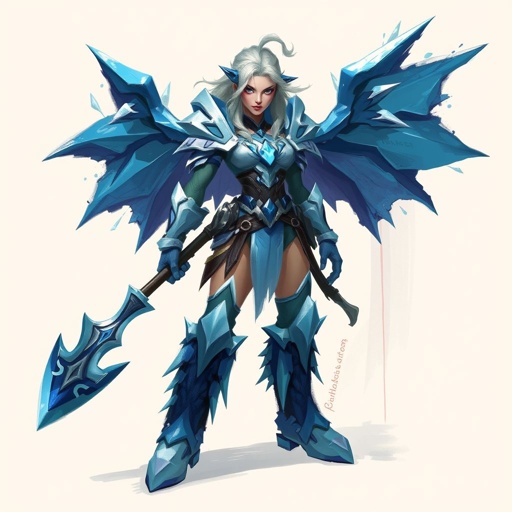Create a battle woman hero called Alvara the Frostheart. Show full body head to toe including shoes