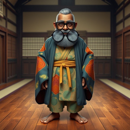 Create a funny looking African sensei. Show the whole character from head, body , legs , feet and make him serious. 
