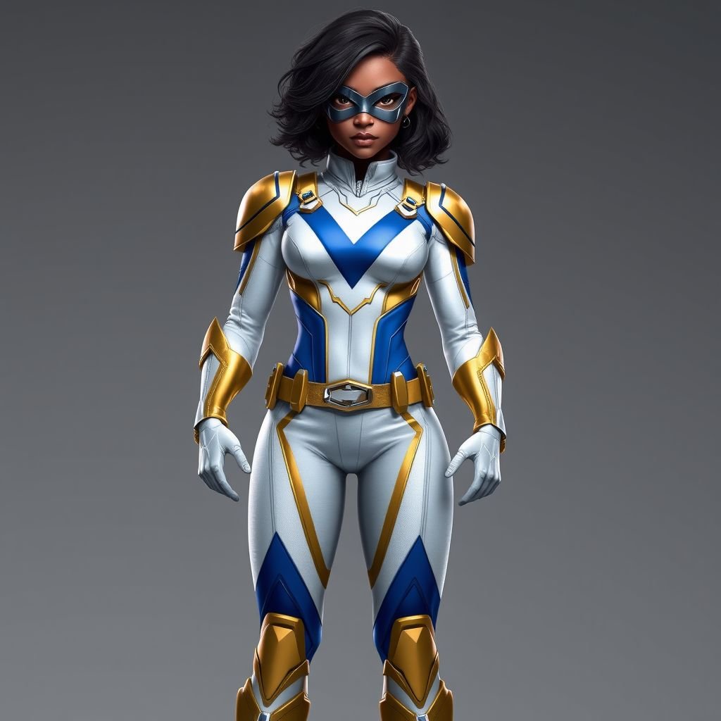 A teenage African American female with shoulder length curly hair  in a side part style superhero  wearing a MASK and a slightly armored white and gold suit with white pants and blue accents and a stylized V as her chest emblem a utility belt and gold boots