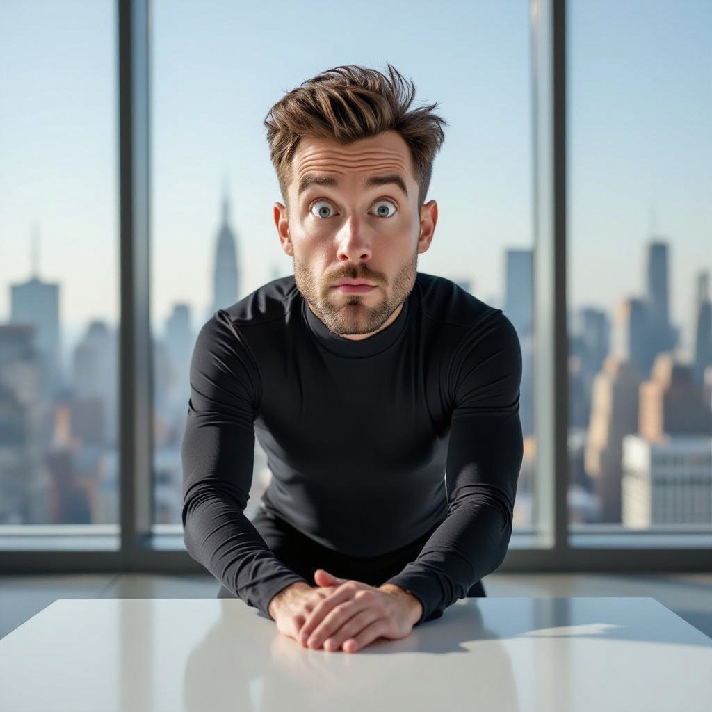 Create a funny looking man who’s outfit is so tight head to toe