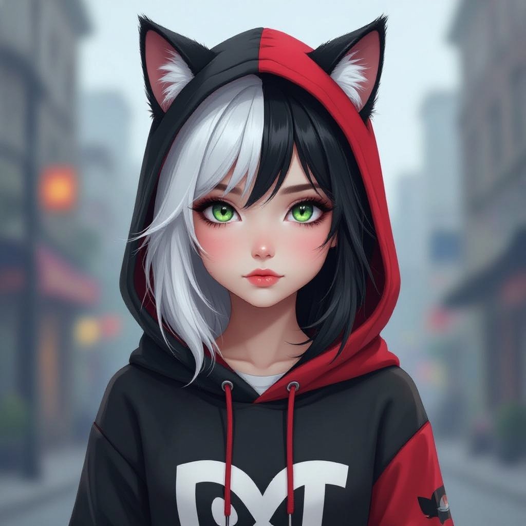 Młoda dziewczyna o okrągłej twarzy, włosach do ramion. Prawa połowa włosów biała, lewa połowa włosów czarna. szaro-zielone oczy. Wąskie usta Ubrana w czarno czerwoną bluzę z kapturem z uszkami kota.
