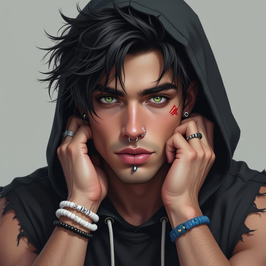 Make with dark hair with one streak of white. He has heterochromia with one eye green and the other black he has two eyebrow piercings on one eye with one on the top of his eyebrow and the other underneath his eyebrow. He also has a nose piercing on the side of his nose alongside a tounge piercing. He wears a white bracket and a blue braclet. He has tattered clothes with a black shirt and pants and a sleeveless jacket with a hood