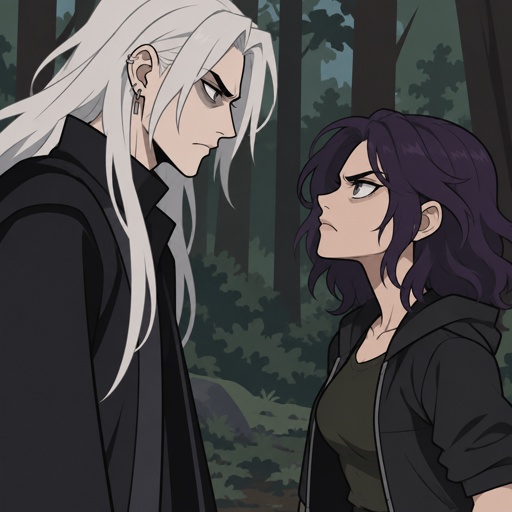 Anime style, male, name kai, highly skilled in fighting all fighting styles and weapons, long long white hair half in face, dark bags, white skin, earrings, history unknown, Female, name is Beth, medium wavy dark purple hair, gray eyes, short, open jacket with a dark green shirt, she is a Bounty Hunter for hire, there fighting in the woods looking at each other Beth with and angry face and Kai with a serious face both are glaring, Beth is a agents,Beth trying to convince Kai to come with her,Kai won’t 