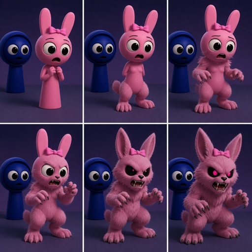 Pinki from sprunki starting to turn into her kind Wererabbit self in front of Jevin from sprunki with her legs and tail transforming and then her arms and then her ears and her neck gets fluffy and then she’s fully transformed with her eyes being black and pink