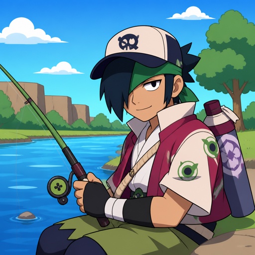 Kenji from brawl stars wearing a cap going fishing