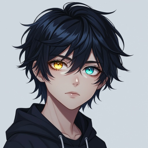 Dark mysterious character teenager boy,with a golden eye and bluish greenish eye