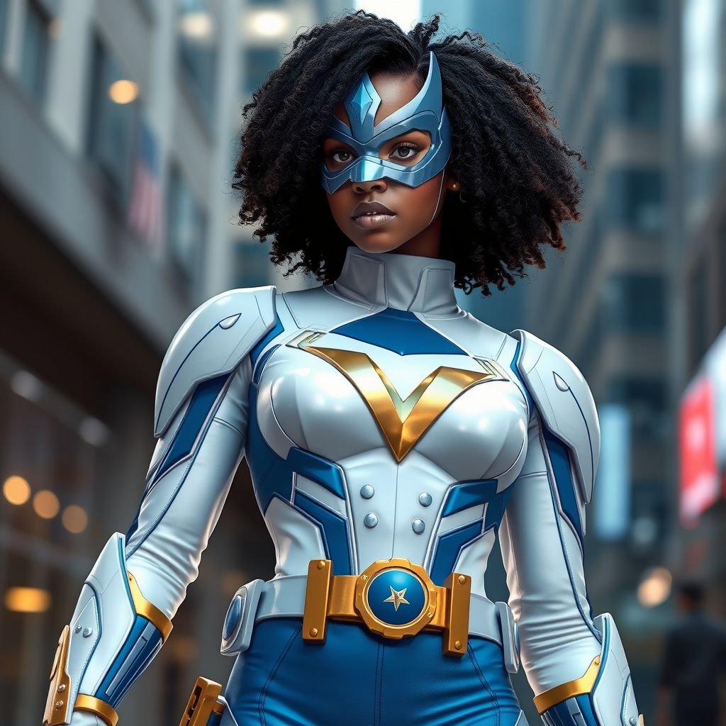 A teenage African American female with shoulder length curly hair  in a side part style superhero  wearing a  DOMINO MASK and a professionally made slightly armored white and blue suit with blue pants gold accents and a stylized V as her chest emblem a utility belt and gold boots