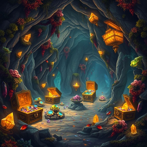 Cave full of treasure chests. No one is in the cave 