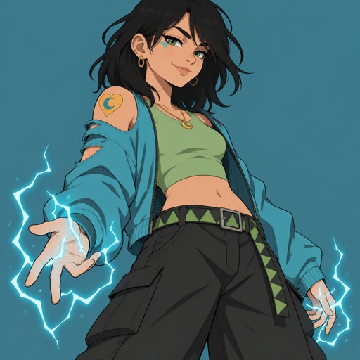 Female, teen, freckles, dark green eyes, cyan ray shadow, ear piercings, smirking, smooth black neck length messy hair, bangs on one side of face, cyan jacket with shoulder holes, light green crop top, yellow heart tattoo with a blue moon inside on shoulder, baggy pants, belt with dark and light green triangles, gold necklace, lightning powers