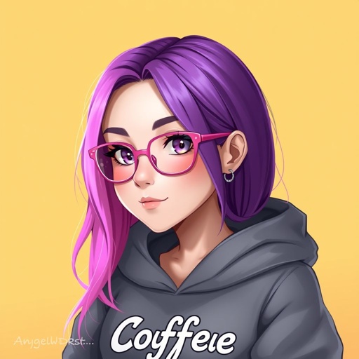 Draw me a profile picture Username: PinkOrchidsGaming I have Half Pink (Right) Half Purple (Left) Hair, A nose piercing on my left side and i wear glasses that are see through pink My Signatures: A gray Hoodie that says “Coffee” but the ‘O’ is a coffee cup My catch phrase is “AnyWHORE..” My favorite color is pink and i want the background to resemble an Angel Dust vibe (Character from hazbin hotel)