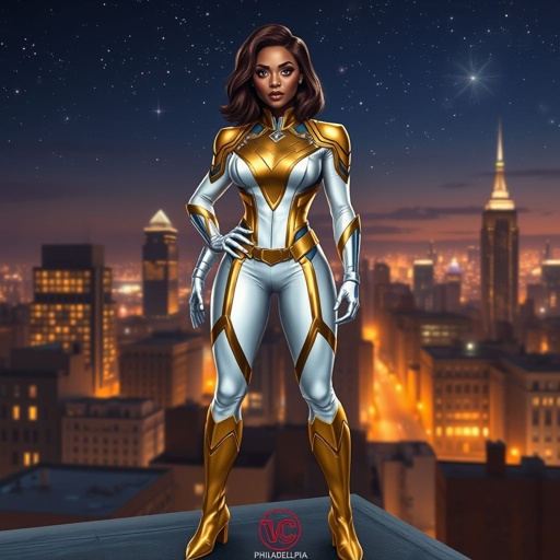 African American female superhero with shoulder length hair in a side part style wearing a gold white and blue suit with white pants and gold boots with a stylized V as her chest emblem standing ona roof in a Philadelphia at night