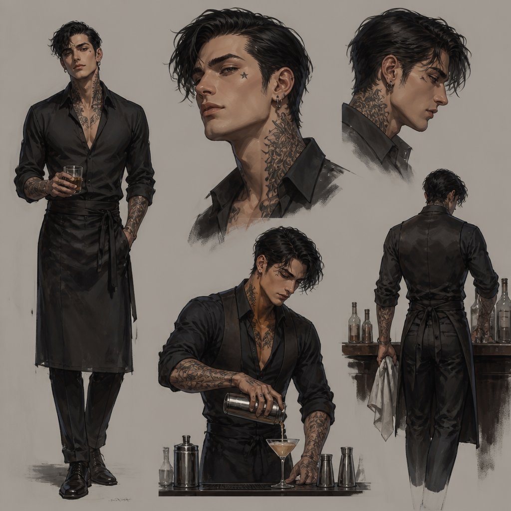 Male, black side swept hair, neck tattoos, low cut shirt, star tattoo under eye, cheekbones, bartender, ear piercings, multiple of the same character