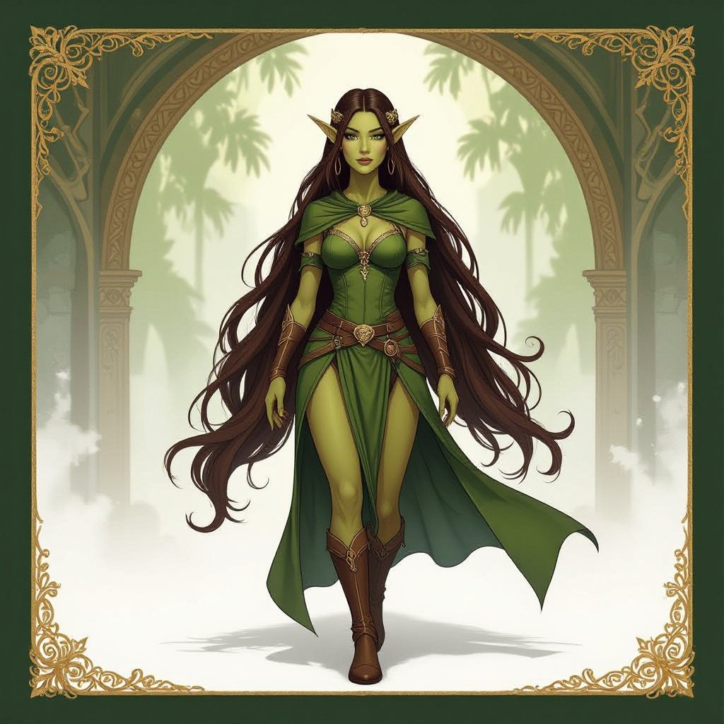 Female elf with olive gold skin and dark brown hair 