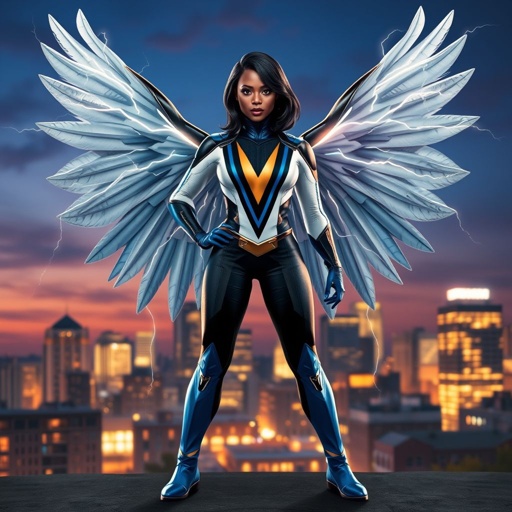African American female superhero with shoulder length hair in a side part style and wings made of white lightning wearing a mask wearing a slightly homemade white blue and black suit with black pants with a stylized V as her chest emblem wearing blue flat boots made of gold standing in Philadelphia at dusk
