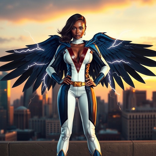 African American female superhero with shoulder length hair in a side part style and wings made of white lightning wearing a slightly homemade  white blue and black suit with black pants with a stylized V as her chest emblem wearing blue flat boots made of gold standing in Philadelphia at dusk