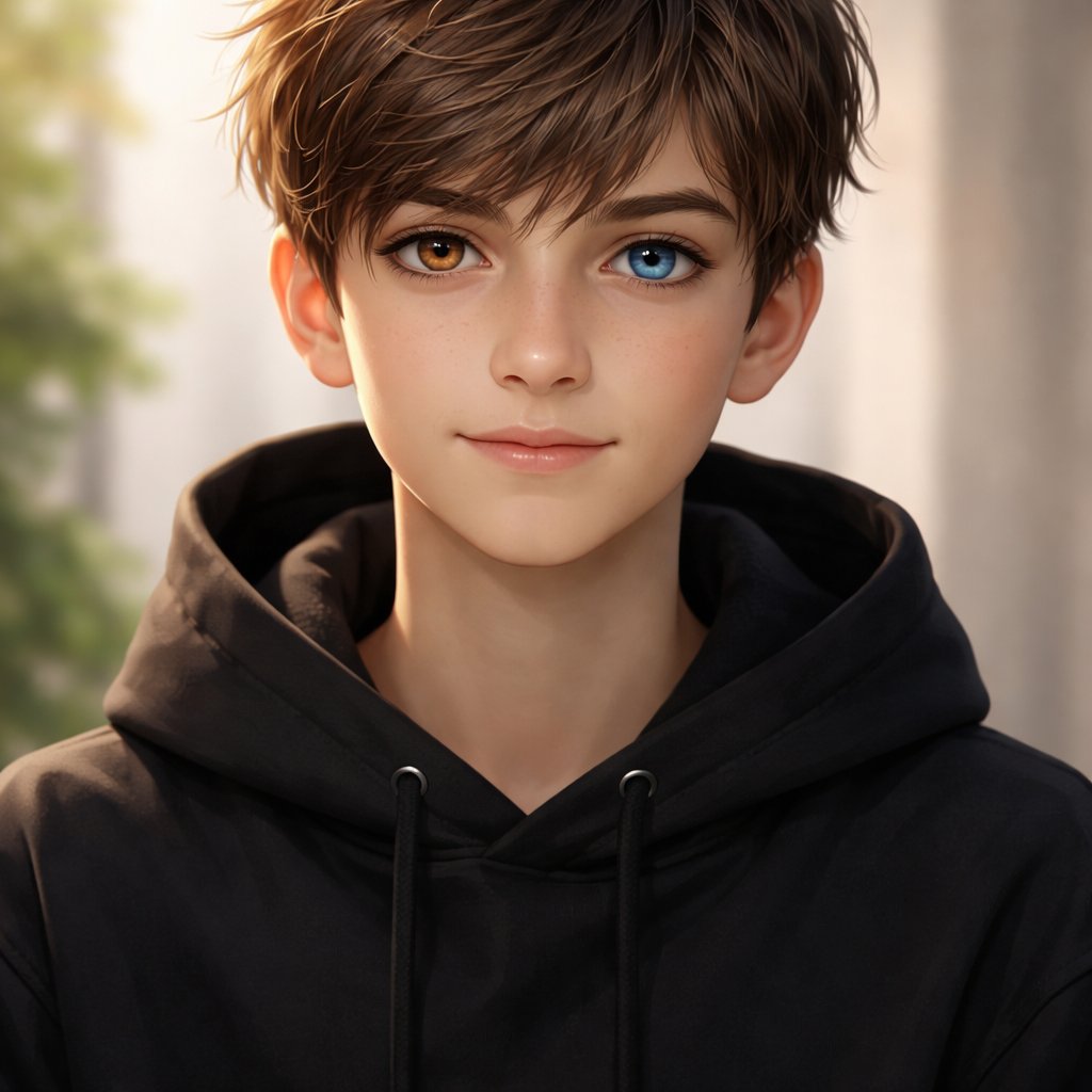 16year old boy short brown hair, one eye brown, one eye blue wearing black hoodie