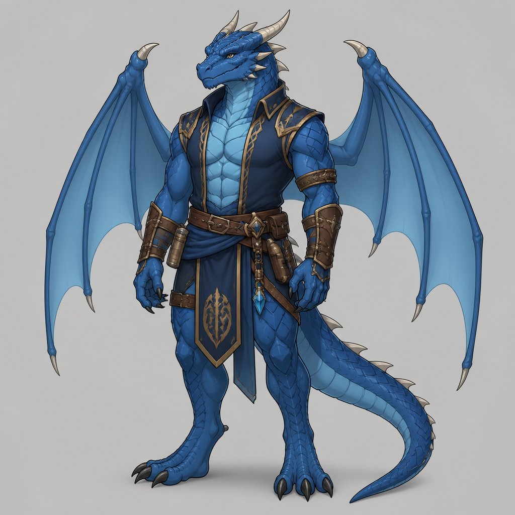 friendly looking Blue scaled dragonoid man