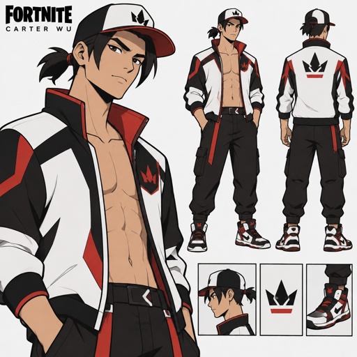 Carter wu from Fortnite, short ponytail hair on the side of ears, jacket with no shirt, cap, white black and red colors