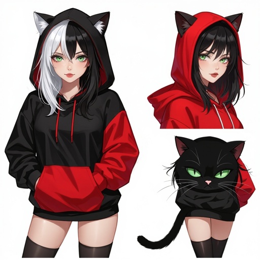 Młoda kobieta. Włosy do ramion, prawa połowa włosów biała, lewa połowa włosów czarna. Okrągła twarz. Szaro-zielone oczy. wąskie usta. Ubrana w czarno czerwoną bluzę z kaptórem z kocimi uszkami.