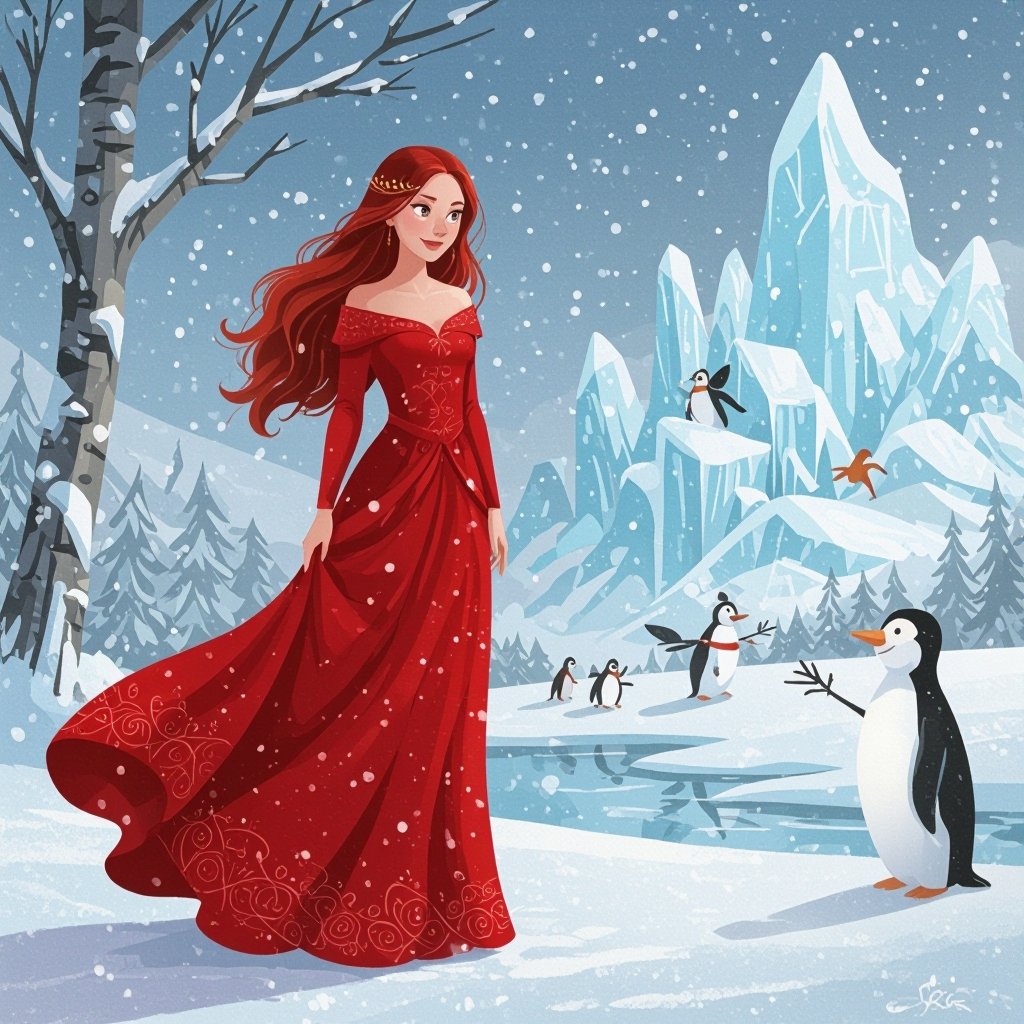 A rebellious but kind teen Princess in a red dress with dark red hair