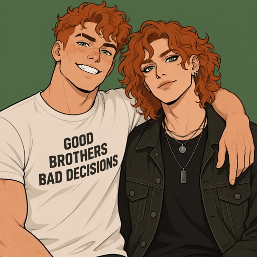 Twin brothers adults,orange red bushy curly hair,green eyes,light skin,one brother is taller and stronger with freckles, the other brother is thinner,no freckles,the skinny one has a orange red little longer curly hair,wearing mascara,earrings,nice jacket and two necklace,other brother is buffer orange red curly hair,big grin,right eyebrow shaved in the middle,freckles,has a teeshirt that says “I’m the oldest twin best minute of my life”