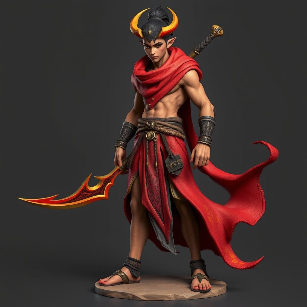 Create handsome hero Rhen the Fire – A lean, muscular man. He wears layered, flowing desert robes dyed in warm reds and golds, with scorch marks where flames have licked them. A curved blade hangs at his hip. Show whole body head to toe including her shoes.