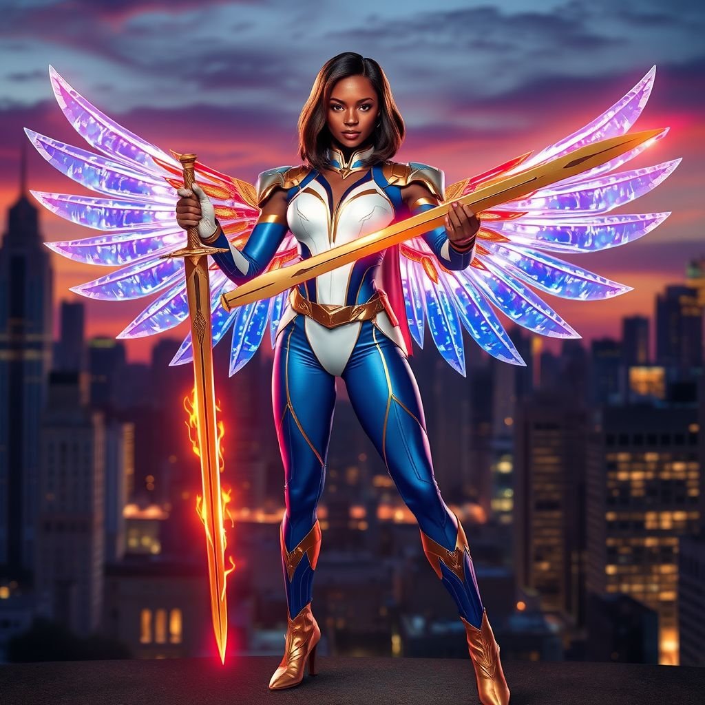 African American female superhero with shoulder length hair in a side part style and holographic wings wearing a homemade white and blue suit with gold accents and blue pants with a stylized V as her chest emblem wearing gold flat boots  made of gold fire holding a large glowing broadsword in her hands standing in Philadelphia at dusk