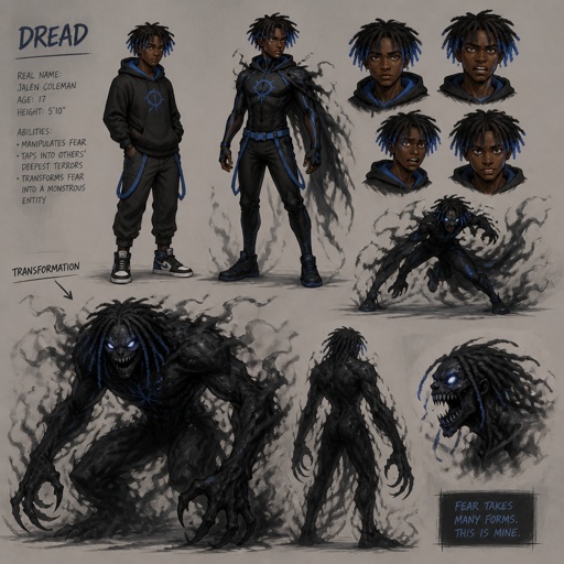 Male superhero with fear abilities, can transform into a terrifying monster, African American, teenager, dreads blue tips, multiple of the same character 