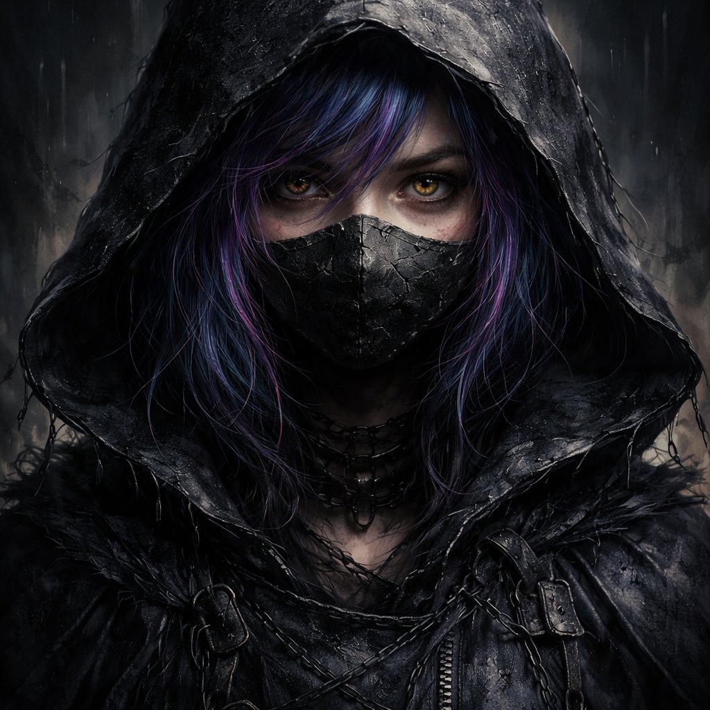 A 17 year old girl who has short blue hair with purple and pink stripes and has hazel eyes. She is wearing all black. She has a black mask that covers her mouth and nose leaving only her eyes. There is a hood that covers her head and a few strands of hair fall out.
