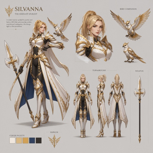 female warrior named silvanna, blonde, white gold, bird companion