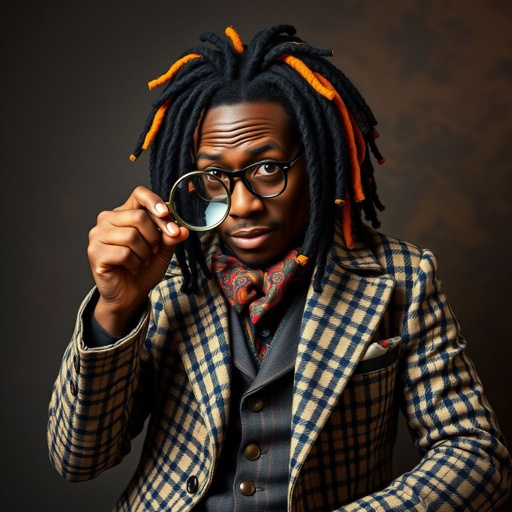 Create a funny character similar to Sherlock Holmes, but make him of black decent and with dread locks. Show his whole outfit including his shoes.