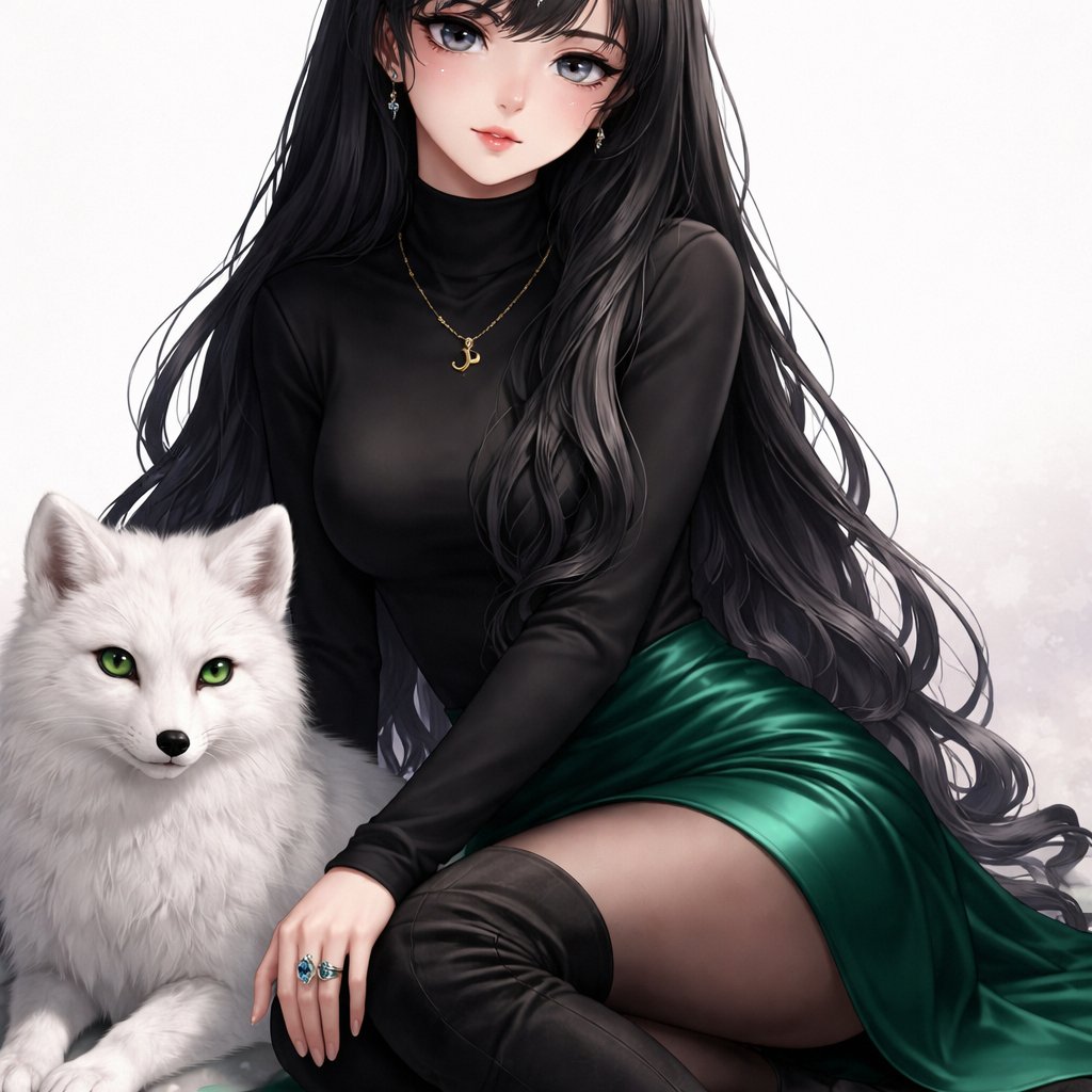 A teenager girl sitting with long black hair and grey eyes. Her hair is set in soft waves resting just above her but. Her eyes are storm grey. She is wearing a black long sleeve turtleneck and a satin Green skirt black tights and black thigh high boots. She has a small golden necklace of a snake and a silver ring with a b on the top to the left of the b is a black diamond and to the right is an emerald. She has an arctic fox next her with bright green eyes. She has fare skin and she has emerald stud earrings in both ears you can see her full body and she is wearing a small diadem the diadem is black with emerald accents