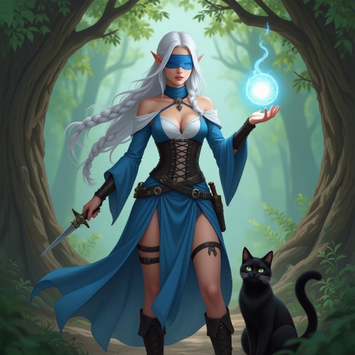 She is an Elvin wizard age 19. She is 5'6 and She has platinum hair that is long with some small braids with her hair flowing behind her .She had a blue blind fold covering her eyes. She has long white scars on her face and neck. She is wearing a blue dress to match the blind fold. The dress has two leg slits and is a black corset she has flowy sleeves that cover her arms completely. Her left leg has a knife holder with a knife in it strapped to her leg. With her hand she is casting a small light ball. She has a large black cat by her feet. She is wearing boots to match the black corset. She is standing in the woods. The trees making an arch way behind her.