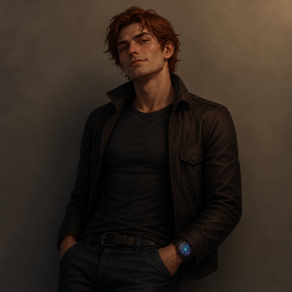 A 26-year-old man with a confident, witty, mischievous personality. He stands approximately 6 feet tall with a lean, athletic build and relaxed, self-assured posture. He has dark amber eyes and naturally auburn hair, slightly tousled and casually styled. His face is youthful and attractive, with expressive eyes, a defined but natural jawline, and a crooked, knowing smirk that suggests he is always one sarcastic comment away from getting himself into trouble. Gary has an effortless swagger. He should look confident without appearing arrogant or intimidating, and charismatic without looking like a stereotypical action hero. His expression should communicate intelligence, humor, and a willingness to challenge people just for the fun of it. He wears modern casual clothing with a slightly stylish edge—dark fitted shirt, casual jacket, jeans, and practical shoes. His clothing should look comfortable and lived-in rather than fashionable or formal. He wears a futuristic holographic watch on one wrist; it should be a subtle technological accessory rather than a huge sci-fi device. His overall appearance should suggest someone who is clever, capable, quick on his feet, and completely comfortable joking around even when things get serious. Semi-realistic JRPG-inspired character art, grounded human proportions, realistic facial features and skin texture, expressive dark amber eyes, detailed natural auburn hair, soft cinematic lighting. Avoid exaggerated anime features, oversized eyes, overly muscular proportions, generic superhero styling, or an excessively polished model-like appearance. He should look like a believable 26-year-old man with natural charisma translated into a polished semi-realistic JRPG art style. Three-quarter character portrait, neutral simple background.