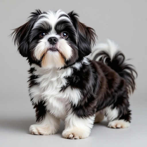 A black-and-white medium paired Shih Tzu with a with a white face and white paws