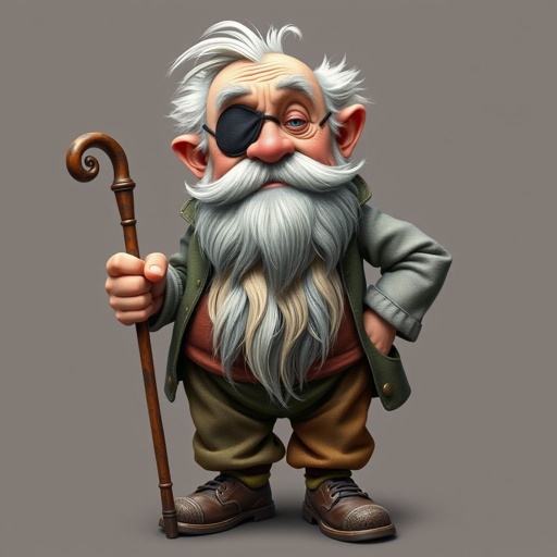 Create a grouchy funny old character who has 1 eye patched. Make him fat with a cane. Show his whole character head to toe including shoes 