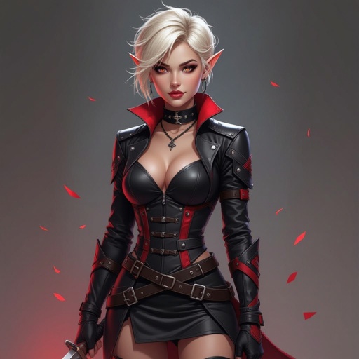 Blonde pixie cut Female High Elf Assassin in Black and Red Leathers and Skirt full body
