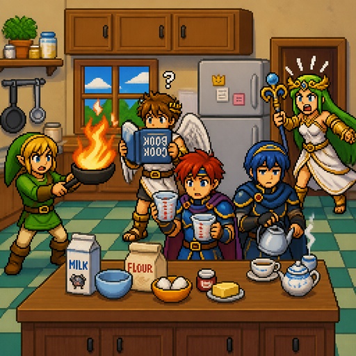 Super smash brothers link from legend of Zelda, pit from kid Icarus, and sonic the hedgehog as a human,Marth from fire emblem,Roy from fire emblem, there trying to make breakfast Roy looking at the measuring cups saying “which one do I use?”link holding pan that’s on fire, pit trying to read the cookbook but it’s upside down, Marth making himself some tea with a tired face expression,Palutena comes into the kitchen and yells “what are you guys doing!”