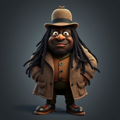 Create a funny fat character similar to Sherlock Holmes, but make him of black decent and with dread locks. Show his whole outfit including his shoes.