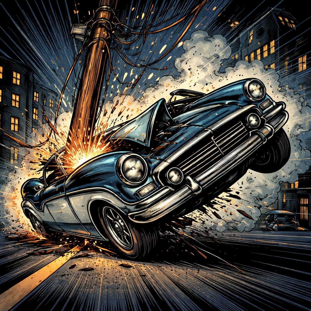 Refined realistic, no caricature an old-fashioned car smashed into a telephone pole and is on its side. It is night in the middle of a city.