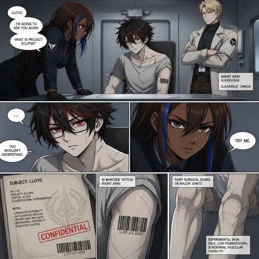 Anime style, Ruby she's dark skin with brown hair and light blue, streak, serious, intimidating, makes sure she gets all the answers she needs,very good at interrogating the suspect, is very loud, being calm is hard, loves tea, she cares about her partner gray but doesn't know about gray's feelings to her, she occasionally will smile a lot.Agent gray nice wave blond hair, tallish, nice, doesn't wear glasses, cares about partner, shy, good at his job, very organized but when a lot of work happens all at one and there's a limited time he can get very disheveled, likes his partner agent Ruby but to scared to admit it, smart, can work in any situation,energy drinks,can unintentionally be funny. Anime white male, name Lloyd, hair messy long one loose braid, black hair with light red stripes, clean shaven,red eyes, long scary fingers spider fangs,glasses, sarcastic, cold, laugh mockingly, traumatized,was a unwillingly experiment many years before getting rescued, no memory of his past, has power of a spider, poisonous makes spider webs with his hands, can communicate and control spiders, on right arm a print says sub 389, doesn't remember anything from his past,very dangerous, being taken care of in a special agency.there all in the same room asking Lloyd questions,Lloyd is wearing casual clothes ,as a comic
