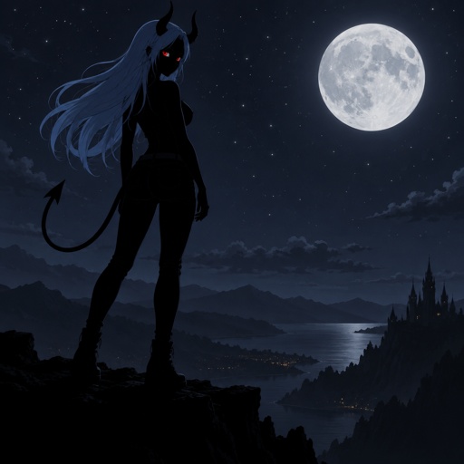 Demon girl, light Blue Long hair, red cat like eyes, black Jeans, Demon Tail, Demon Horns, standing on a Cliff, Stars, Moon
